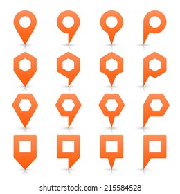 Orange map pin sign location icon with empty copy space and gray shadow, reflection on white background  in simple flat style. Web design element save in vector illustration 8 eps