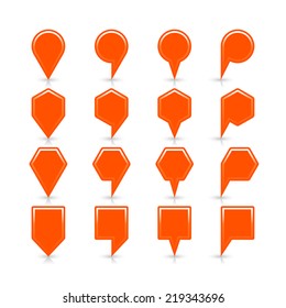 Orange map pin sign satin location icon with copy space and gray reflection and shadow isolated on white background. Web design element save in vector illustration 8 eps