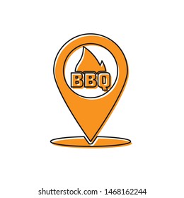 Orange Map pointer with barbecue icon isolated on white background. Fire flame icon. Barbecue and BBQ grill symbol. Vector Illustration