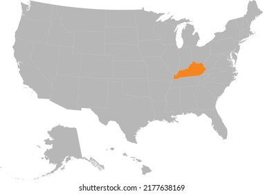 Orange Map of US federal state of Kentucky within gray map of United States of America