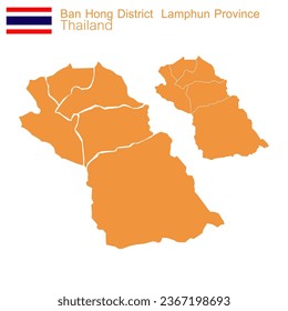 El vector del mapa naranja Ban Hong District es un distrito de la provincia de Lamphun con líneas fronterizas separadas