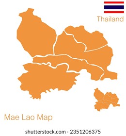 Orange map vector, Mae Lao district. is a district of Chiang Rai Province with demarcation lines separating parts