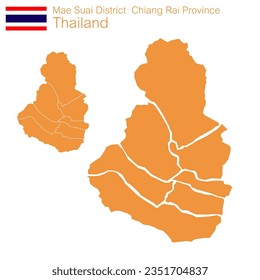 Orange Map Vector Mae Suai District is a district of Chiang Rai Province. with separate demarcation lines