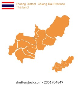 Orange map vector. Thoeng District is a district of Chiang Rai Province. with separate demarcation lines