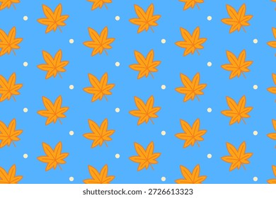 Hoja de arce anaranjado con el modelo inconsútil punteado en fondo azul. Patrón azul sin fisuras con hojas de arce naranja. Hoja de arce con ilustración de motivo de repetición de puntos
