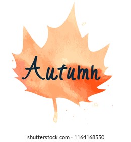 orange maple leaf with hand written sign Autumn on vector watercolor texture with stains
