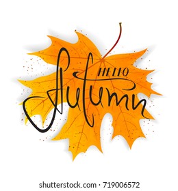 Orange maple leaf on white background with lettering Hello Autumn, illustration.