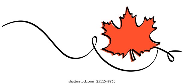 An orange maple leaf outlined in black, connected to a flowing black line. Perfect for autumn-themed designs and minimalist projects.