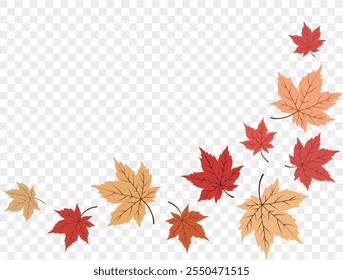 Orange maple leaves corner border on transparent background, ideal for fall and Thanksgiving designs. vector