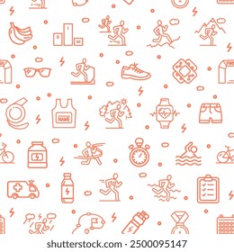 Maratón naranja muestra un fondo de patrón sin fisuras en un concepto de carrera de triatlón blanco. Ilustración vectorial de la impresión