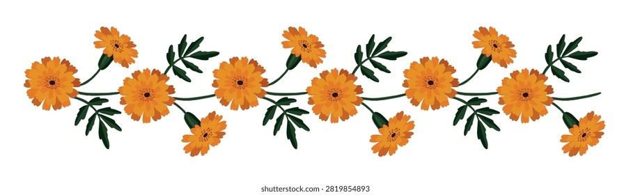 Orange Marigold Flower Border, Indian Toran Garland. Zendu Flowers flowers leaves isolated on background. Festive Floral Party Decor. Diwali, Halloween Dia de los Muertos Holiday, Vector Illustration
