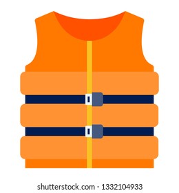 Orange marine life jacket with buckles and straps vector flat icon isolated on white