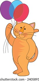 Orange marmalade cat holding a bunch of balloons
