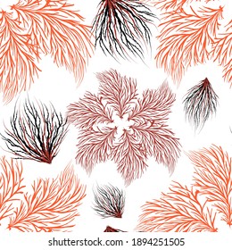 Orange, maroon, black plants on a white background. Vector seamless pattern. Design for wrapping, textile, paper, print.