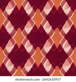 An orange and maroon diamond pattern with an abstract design, grunge lines ikat pattern, ikat seamless pattern, Vector illustration background for print the paper.