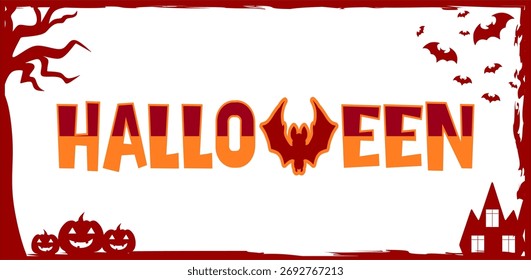 Texto de Halloween de gradiente naranja y marrón con Elementos de murciélago sobre un fondo blanco con árboles, calabazas y murciélagos. Antecedentes de la celebración de Halloween.
