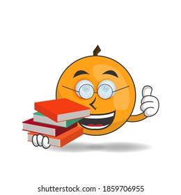 The Orange mascot character becomes a librarian. vector illustration