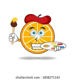 The Orange mascot character becomes a painter. vector illustration