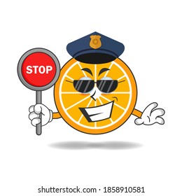 The Orange mascot character becomes a policeman. vector illustration