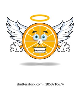 Orange mascot character dressed like an angel. vector illustration