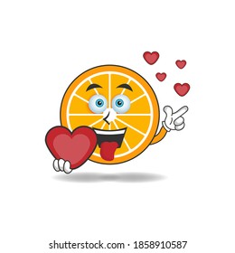 Orange mascot character holding a love icon. vector illustration