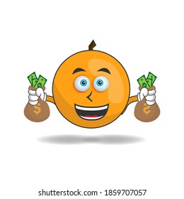 Orange mascot character holding money. vector illustration