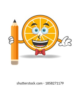 Orange mascot character holding a pencil. vector illustration