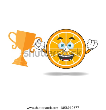 Orange mascot character with a trophy in right hand. vector illustration