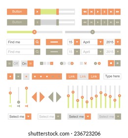 Orange material design UI elements vector. Buttons, selectors, ckeckboxes, toggles, searchfields, equalizer, sound settings etc.