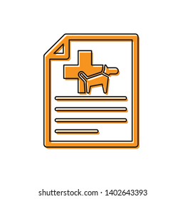Orange Medical certificate for travel with dog or cat icon isolated on white background. Document for pet. Vector Illustration