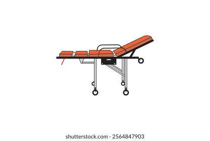 An orange medical stretcher with adjustable backrest, metallic frame, and wheels, designed for patient transportation in hospitals or emergency settings, on a white background.