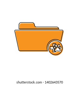 Orange Medical veterinary record folder icon isolated on white background. Dog or cat paw print. Document for pet. Patient file icon. Vector Illustration