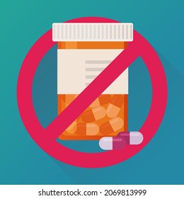 Orange medicine box with capsules crossed out by a prohibition symbol (flat design)