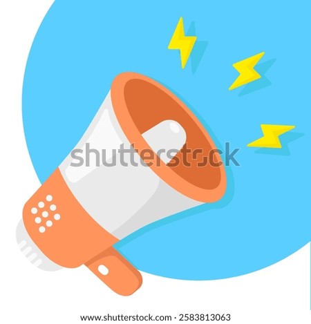 Orange megaphone with lightning bolts on a blue circle. Vibrant design for announcing promotions, events, and sales in advertising materials.