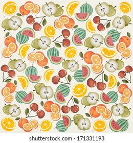 Orange, Melon, Apple, Cherry and Lemon illustrations. Fruits Pattern. Retro vintage style wallpaper with Fruits.