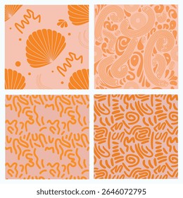 Pacote de design de padrão de Memphis laranja, linha curva abstrata sem costura e feixe de padrão de forma espiral com estilo retro, layout geométrico lúdico, elementos orgânicos desenhados à mão sobre fundo rosa