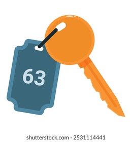 Orange metal key with key fob holding a key to room number sixty three