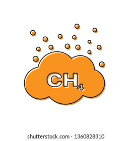 Orange Methane emissions reduction icon isolated on white background. CH4 molecule model and chemical formula. Marsh gas. Natural gas. Vector Illustration