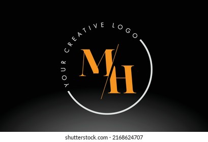 Orange MH Letter Logo Design with Creative Intersected and Cutted Serif Font.