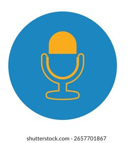 Icono de micrófono naranja, delineado, en un círculo azul sólido.