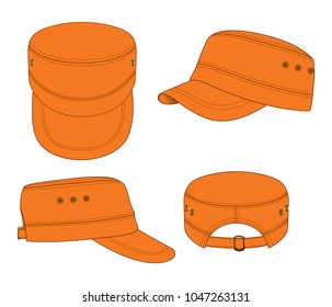 Orange Military Cadet Cap With Bronze Eyelets And Buckle Strap Back Template On White Background.