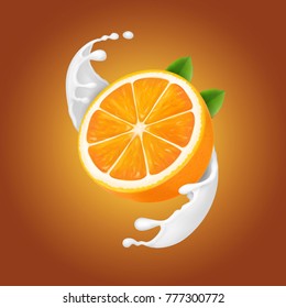 Orange in a milk splash on a warm background.