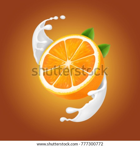 Orange in a milk splash on a warm background.