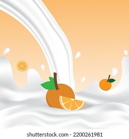 Orange milk splash with white splashing liquid. Pouring orange milk on orange background. Fruit drink and organic dairy free vegan milk. Creative design vector illustration with empty space.