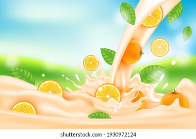 Orange milk with splashes realistic, Vitamin rich juices and yogurts for health. Vector 3d illustration.