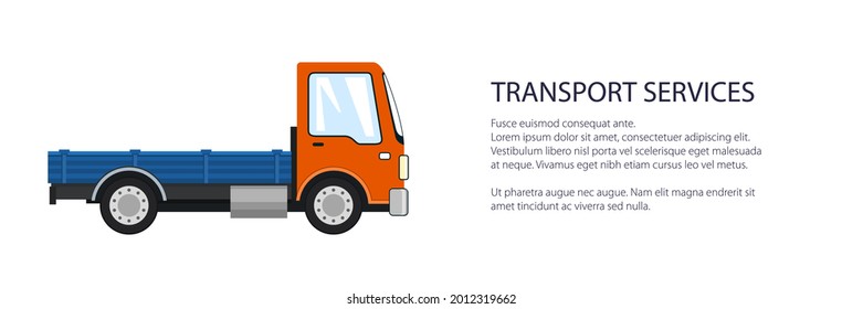 Orange mini lorry without load , delivery services and logistics banner, shipping and freight of goods, vector illustration