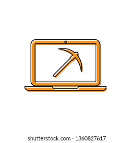 Orange Mining concept with laptop and pickaxe icon isolated on white background. Blockchain technology, cryptocurrency mining, digital money market. Vector Illustration