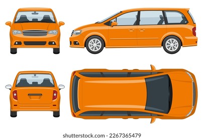 Orange minivan vector template with simple colors without gradients and effects. View from side, front, back, and top