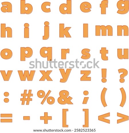 Orange misprint style alphabet lowercase letters and symbols