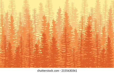 Orange Mist Pine Tree Forest, Horizontal Seamless Flat Design Composition. Sand storm, forest fires illustration.